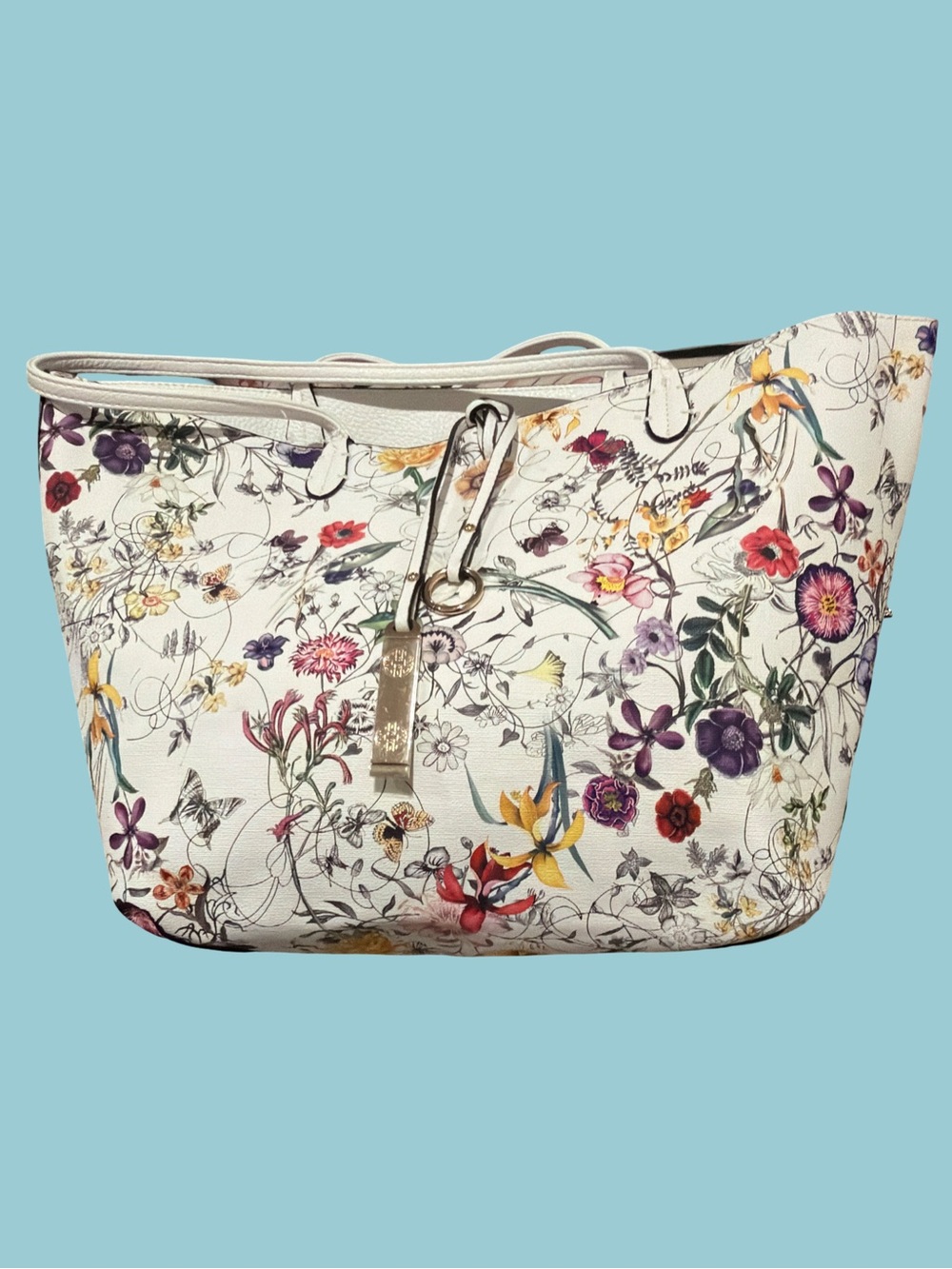 Floral Print White Tote Bag - Women's Shoulder Bag